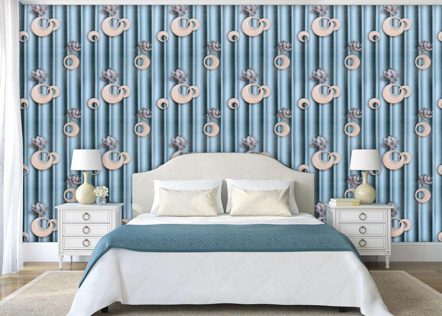 HY9127 3D Effect Style Golden Circles on Blue Stripes self adhesive wallpaper