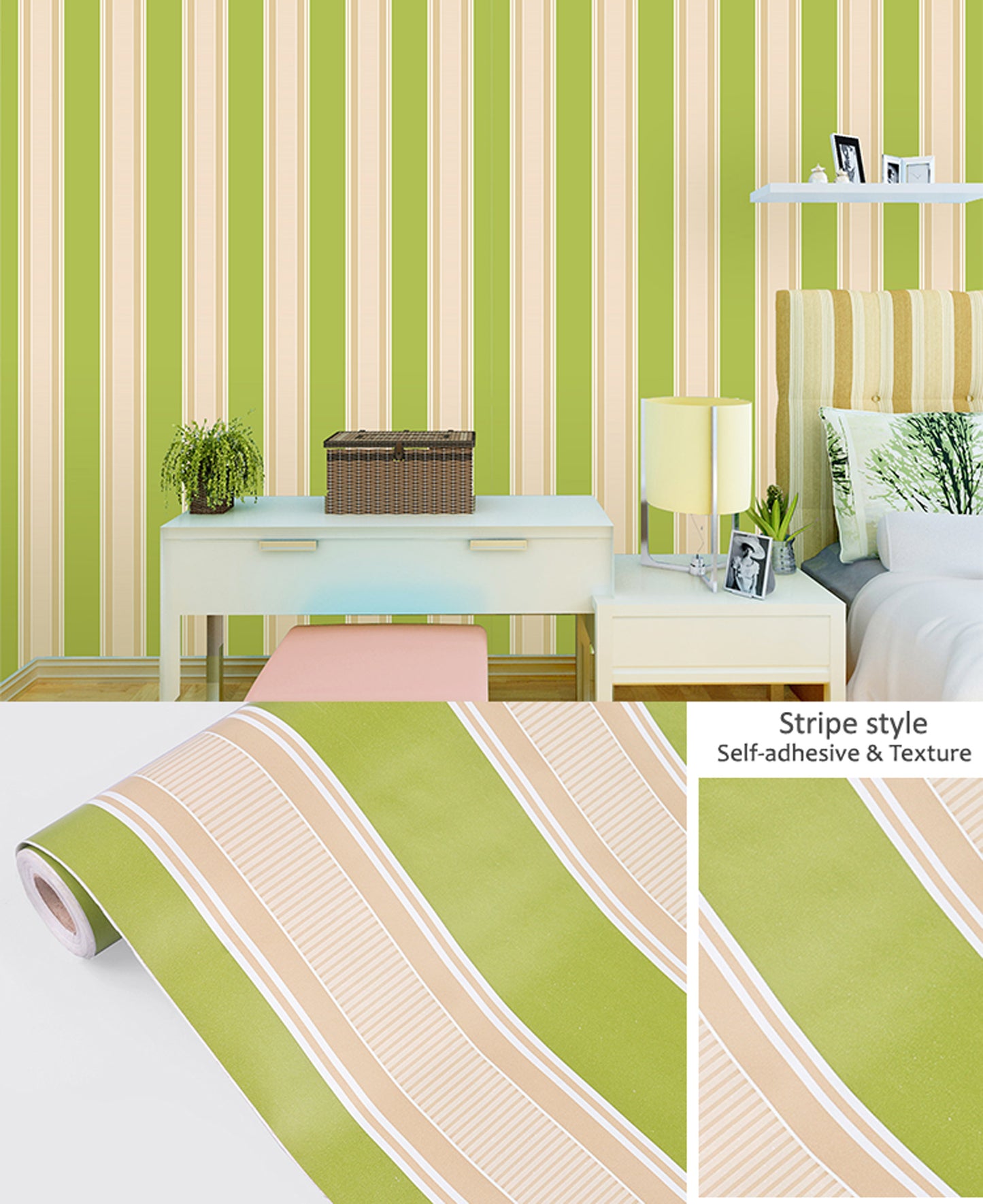 Beatiful Mixure of Green & Golden Stripes Self Adhesive Self Adhesive Classics PVC Vinyl Waterproof wallpaper