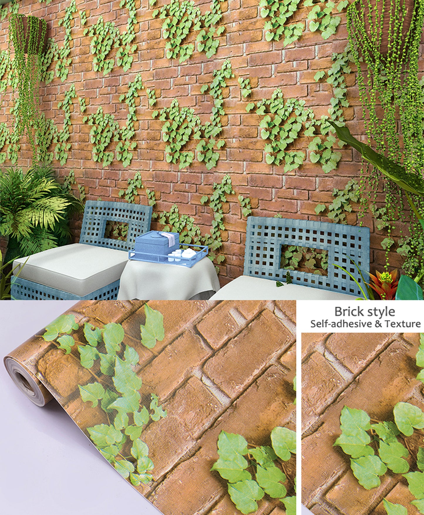 akadeco HY9202 Brown Bricks With Green Branches Self Adhesive Classics PVC Vinyl Waterproof wallpaper