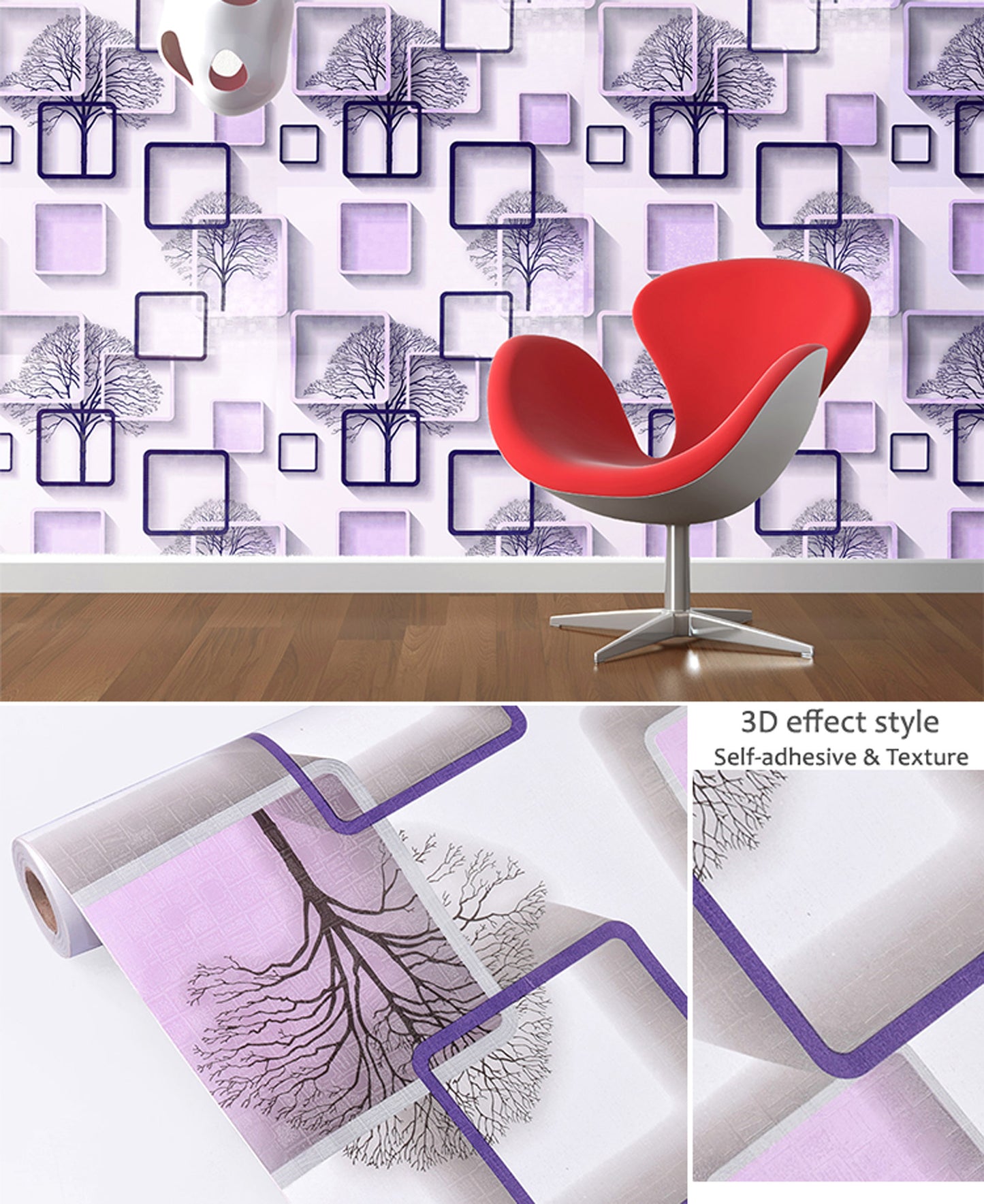 3D Effect Style Multishaded Decorative wallpaper Collection of Purple Squres Self Adhesive Classics PVC Vinyl Waterproof wallpaper