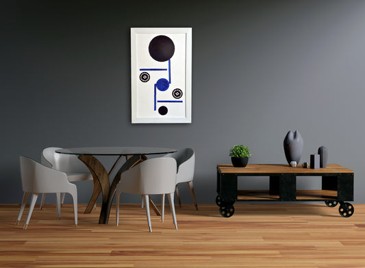 Wall Decorative Minimalist Art Chakra Woodblock Printed Acrylic Framed Handmade Paper Painting with Cobalt Blue Natural Color