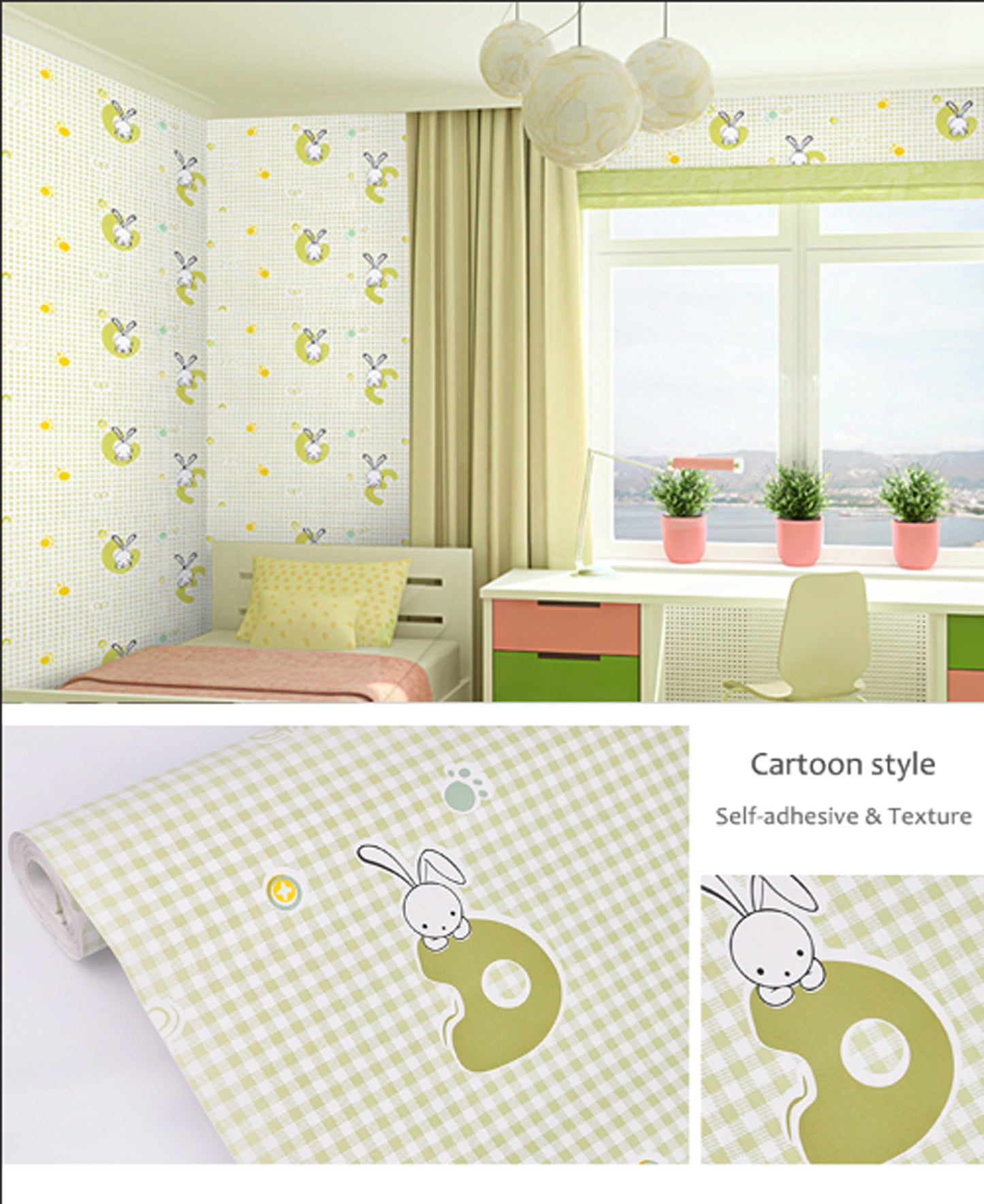 Happy Cartoons - Combination of Green & White Classics PVC Vinyl Waterproof wallpaper