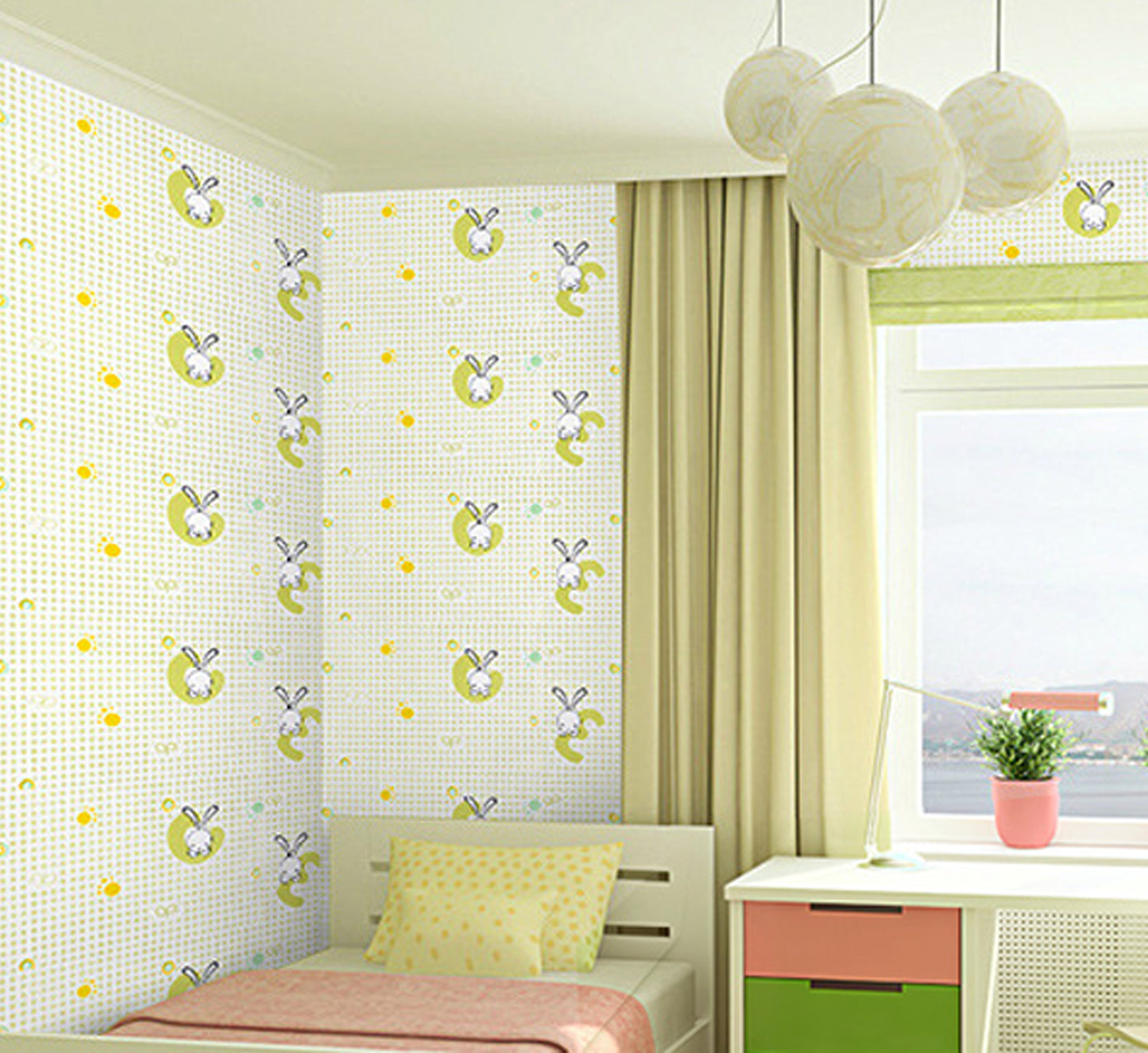 HY9038 Happy Cartoons - Combination of Green & White Classics Wallpaper