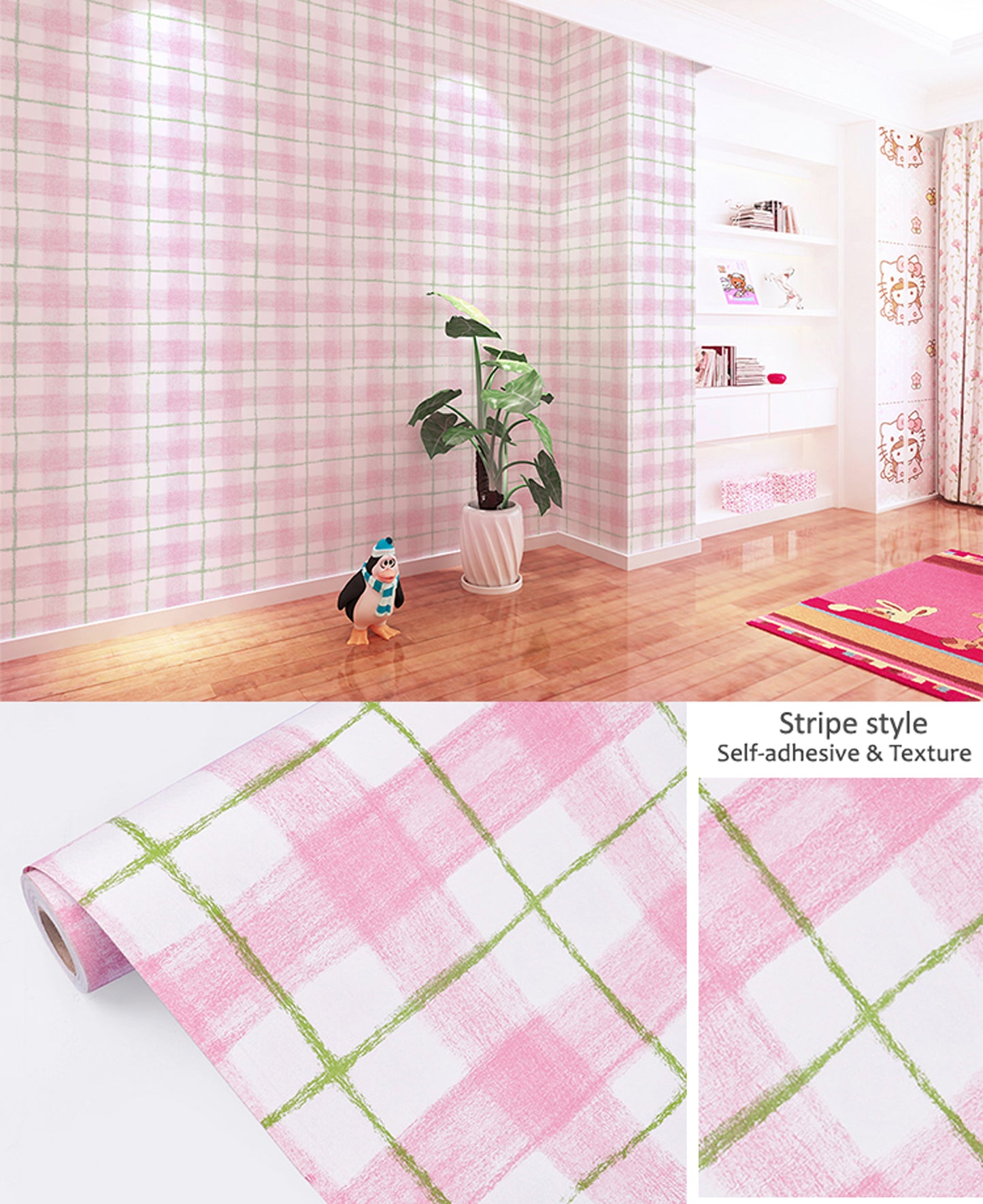 Square Pattern With Pink White & Green Base Self Adhesive Decorative wallpaper