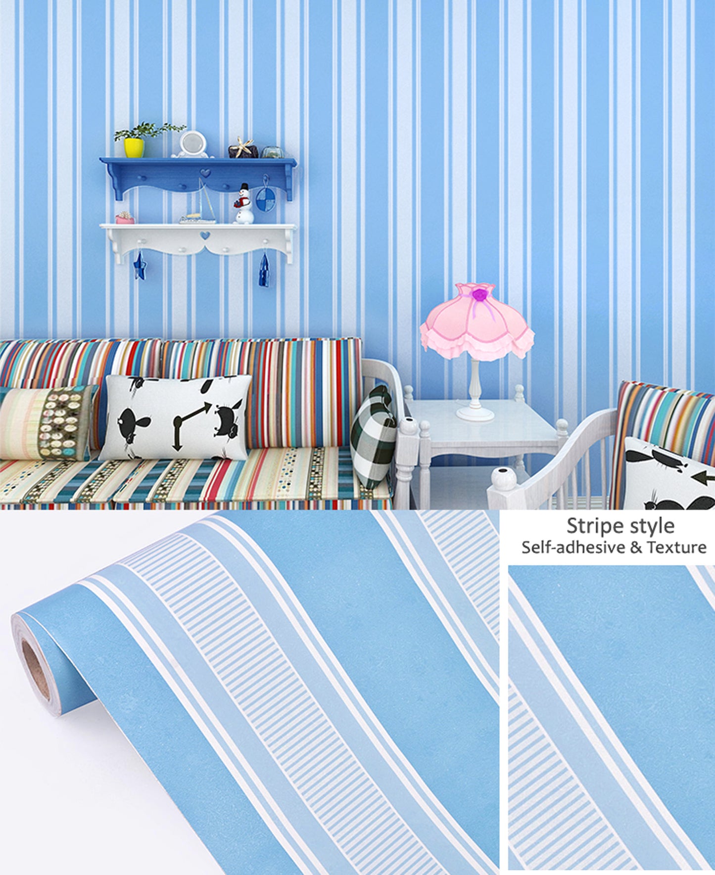 Beatiful Stripes of Blue & White Self Adhesive Classics PVC Vinyl Waterproof wallpaper