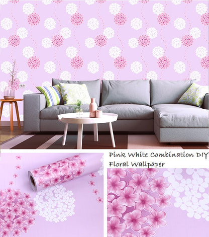 self Adhesive Decorative multipupose Pink White Floral Waterproof PVC Wallpaper (1 roll Size - 330X45cm)