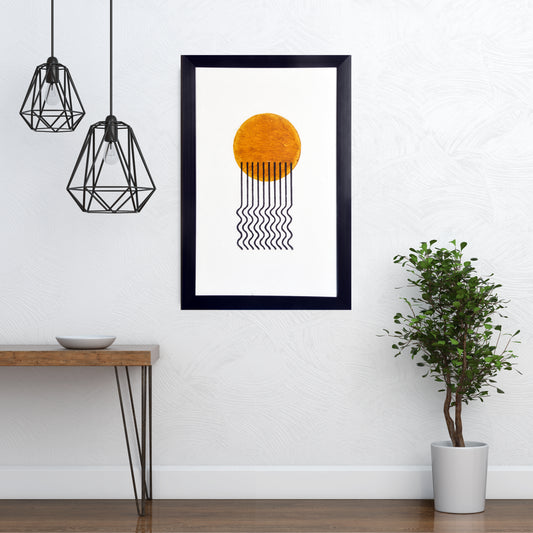 Home Decorative Minimalist Art Sun Waves Woodblock Printed Acrylic Framed Handmade Paper Painting with Yellow Natural Color