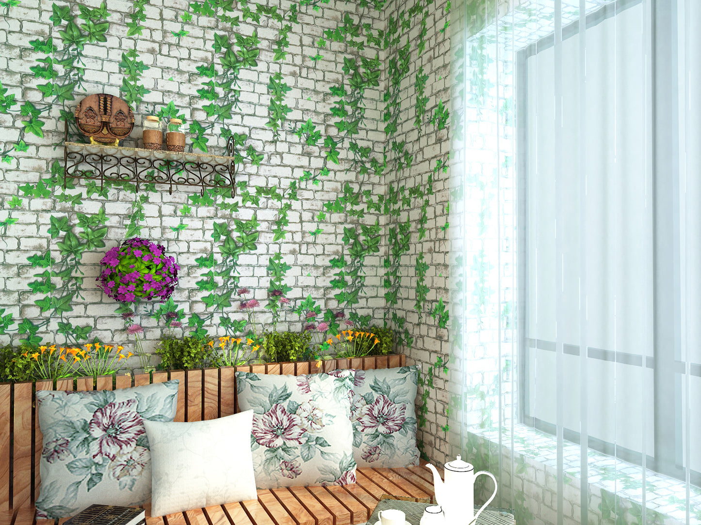 HY9201White Bricks With Green Branches self adhesive wallpaper