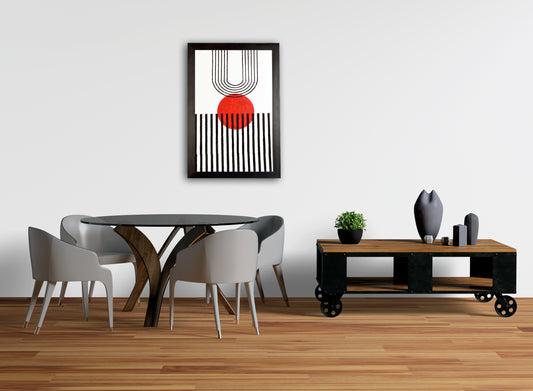 Wall Decorative Blaze Circle Minimalist Art Woodblock Printed Acrylic Framed Handmade Paper Painting with Cherry Red Natural Color