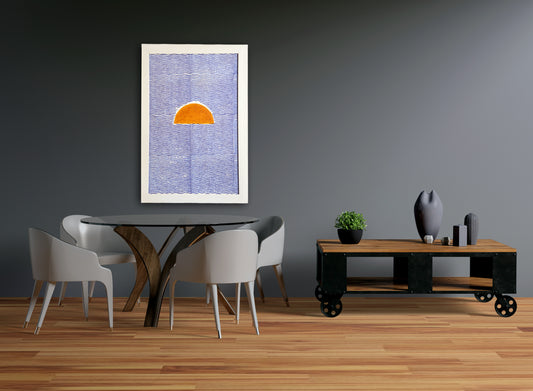 Home Decorative Minimalist Art Rising Sun Woodblock Printed Acrylic Framed Handmade Paper Painting with Blue Waves Natural Color