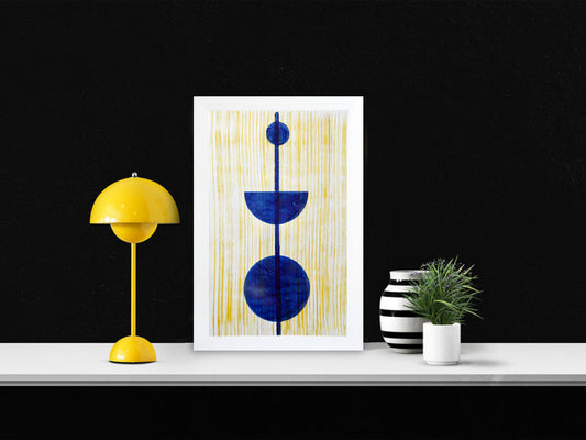 Home Decorative Boat Brush Minimalist Art Woodblock Printed Acrylic Framed Handmade Paper Painting with Cobalt Blue Color