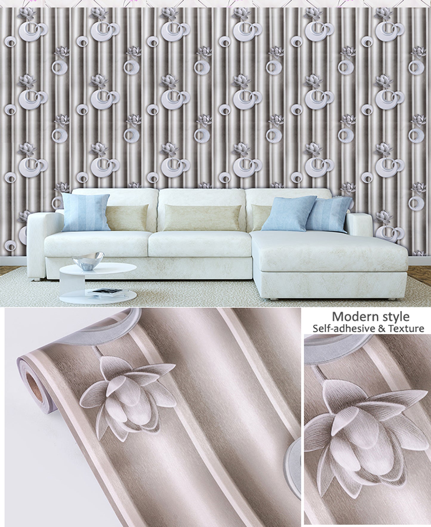 Grey Circles on Grey Stripes Self Adhesive Classics PVC Vinyl Waterproof wallpaper