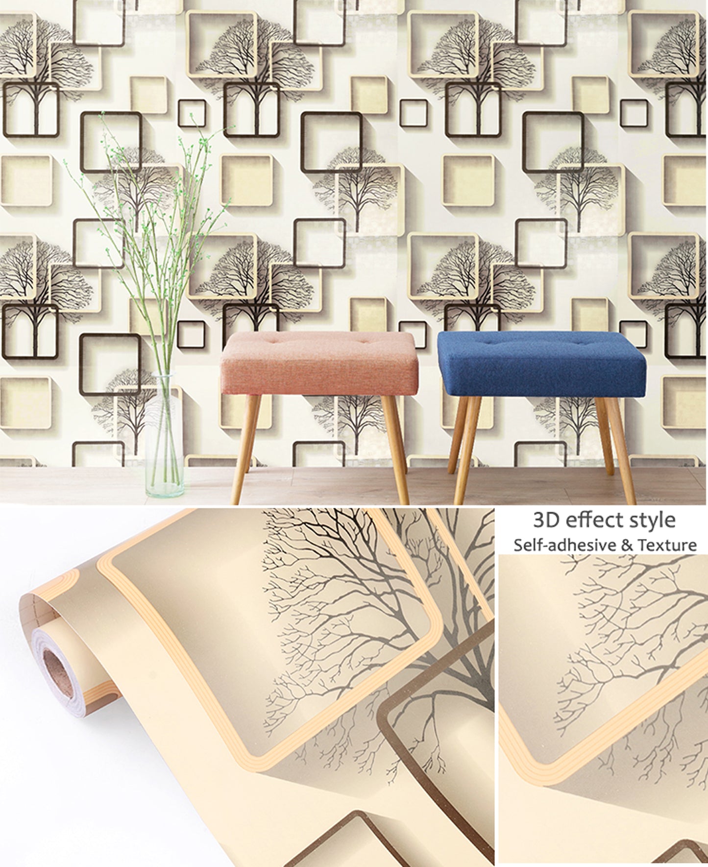 3D Effect Style Multishaded Decorative wallpaper Collection of Squres self adhClassics PVC Vinyl Waterproof wallpaperesive