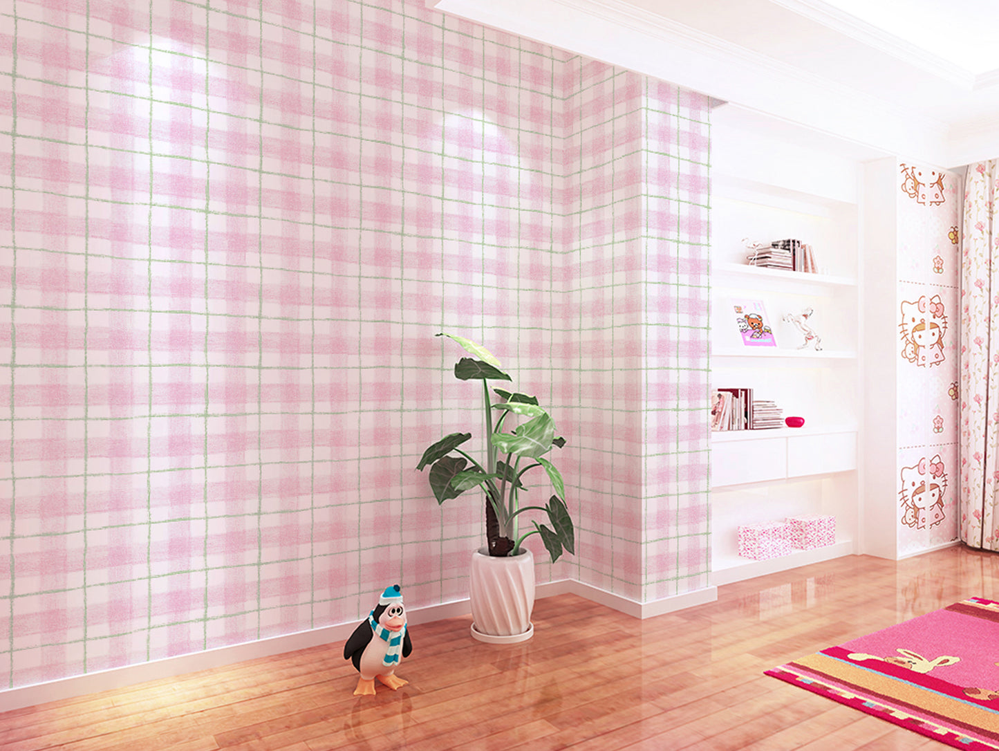 HY9099 Square Pattern With Pink White & Green Base self adhesive wallpaper