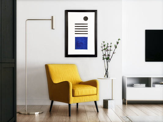 Oren Empower Wall Decorative Square Bar Minimalist Art Woodblock Printed Acrylic Framed Handmade Paper Painting with Cobalt Blue Color